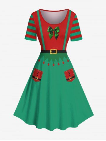 Plus Size Christmas Elf Santa Claus Bowknot Print Vintage Dress - GREEN - S