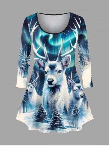 T-shirt à manches longues grande taille avec imprimé 3D pailleté sapin de Noël, élan et galaxie - BLUE - 2X