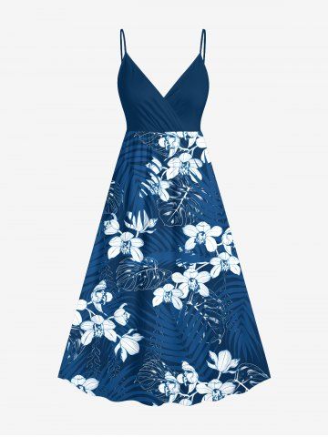 Plus Size Tropical Flowers Leaf Print Surplice Hawaii Cami Dress - BLUE - L