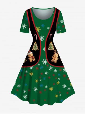 Plus Size Christmas Tree Gingerbread Snowflake Candy Vest Pattern Print A Line Dress - GREEN - XXS