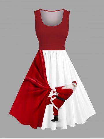 Plus Size Christmas Santa Claus Pulling Print Vintage Swing A Line Dress - RED - XS