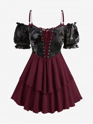 Plus Size Puff Sleeves Floral Mesh Flocking Tie Dye Lace Up Ruffles Layered Chain Cami Top - DEEP RED - 4X | US 26-28