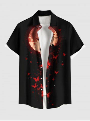 Chemise à poches boutonnées grande taille imprimée papillons et lune pour homme - BLACK - L