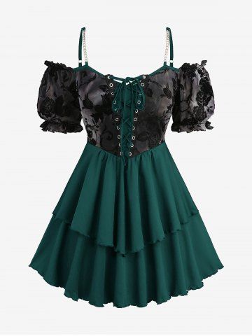 Débardeur à manches bouffantes, en maille fleurie floquée, tie-dye, laçage, volants et chaînes superposées, grande taille - DEEP GREEN - L | US 12