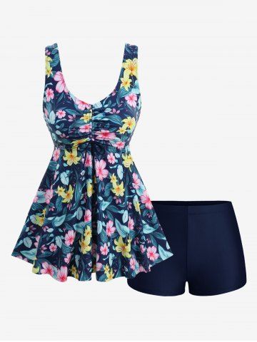 Maillot de bain tankini grande taille à imprimé floral tropical et hibiscus, coupe shorty. - SKY BLUE - L