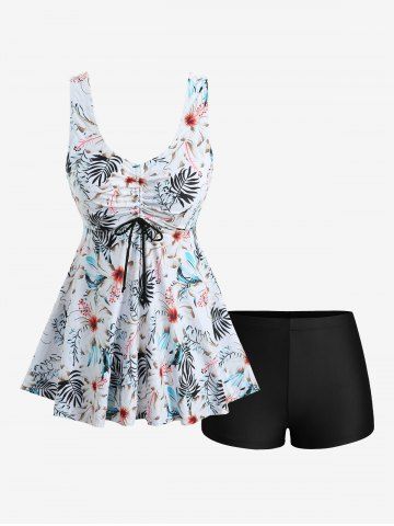 Maillot de bain tankini grande taille à imprimé floral tropical et hibiscus, coupe shorty. - WHITE - 3XL