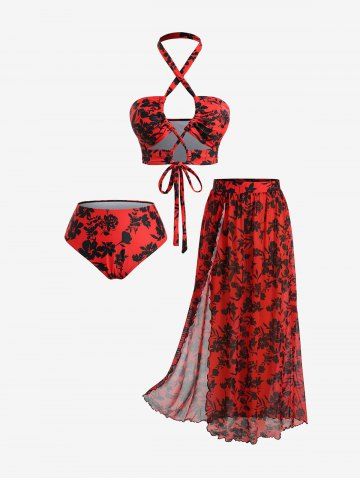 Plus Size Flower Leaf Print Hollow Out Braided Split Halter Three Piece Tankini Swimsuit - RED - 2XL