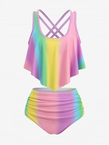 Plus Size Colorful Ombre Print Crisscross Strappy Peplum Hem Ruched Tankini Swimsuit - LIGHT PINK - 1XL