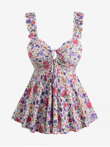 Maillot de bain tankini grande taille à imprimé floral coloré et taille cintrée - LIGHT PINK - 1XL