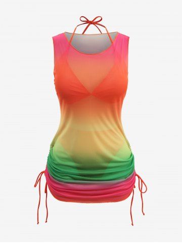 Plus Size Solid Halter Tankini Swimsuit with Ombre Print Cinched Ruched Cover Up Three Piece Set - RED - 2XL