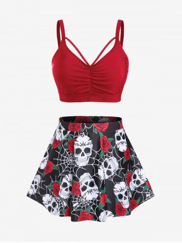 Plus Size Gothic Rose Skulls Printed Ruched Padded Tankini Set Swimsuit - RED - 2X | US 18-20