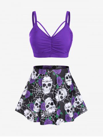 Plus Size Gothic Rose Skulls Printed Ruched Padded Tankini Set Swimsuit - PURPLE - L | US 12