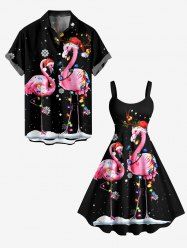 Christmas Light Hat Flamingo Snowflake Print Plus Size Matching Outfit For Couples -  
