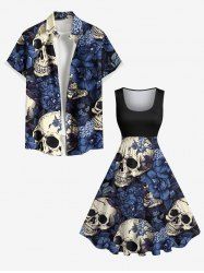 Ensemble de plage hawaïen assorti grande taille à imprimé fleurs et crânes pour couples - Bleu 