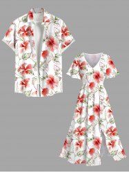 Ensemble de plage hawaïen assorti grande taille à imprimé feuilles d'hibiscus pour couples - Blanc 