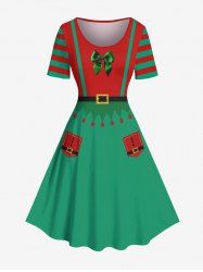 Plus Size Christmas Elf Santa Claus Bowknot Print Vintage Dress -  