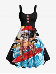 Plus Size Christmas Santa Claus Sun Cloud Sea Waves Print Tank Dress -  