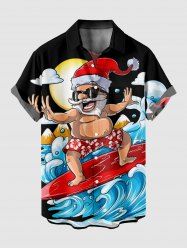 Plus Size Christmas Santa Claus Sun Cloud Sea Waves Print Buttons Pocket Shirt For Men -  