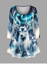 Plus Size Christmas Tree Elk Galaxy Glitter 3D Print Long Sleeves T-shirt -  