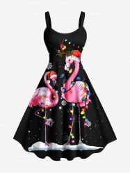 Robe débardeur grande taille à imprimé flamants roses et flocons de neige, avec chapeau lumineux de Noël et lumières de Noël. - Noir XXS