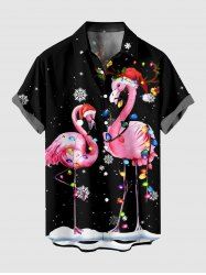 Plus Size Christmas Light Hat Flamingo Snowflake Print Buttons Pocket Shirt For Men -  