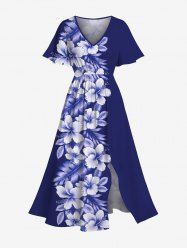 Plus Size Hibiscus Flowers Tropical Leaf Print Split Hawaii Midi Dress -  