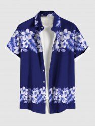 Chemise hawaïenne grande taille pour homme, à imprimé feuilles tropicales et fleurs d'hibiscus, boutons et poche. - Bleu XL