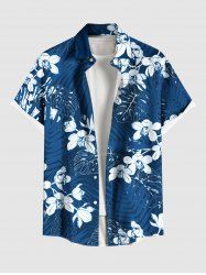 Plus Size Tropical Flowers Leaf Print Buttons Pocket Hawaii Shirt For Men -  