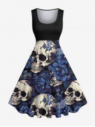 Robe vintage grandes tailles à imprimé fleurs et têtes de mort, années 1950 - Noir 2X