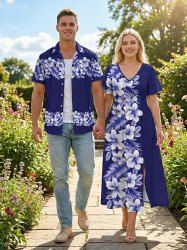 Ensemble de plage hawaïen assorti pour couples, imprimé feuilles tropicales et fleurs d'hibiscus, grandes tailles - Bleu 