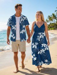 Tropical Flowers Leaf Print Plus Size Matching Hawaii Beach Outfit For Couples -  