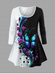 Plus Size Rose Flower Butterfly Heart Colorblock Print Long Sleeves T-shirt -  