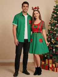 Ensemble assorti grande taille pour couples, imprimé lutin de Noël et Père Noël avec nœud papillon - Vert 