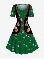 Robe trapèze imprimée avec motif sapin de Noël, pain d'épice et flocons de neige - Vert 4X