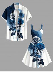 Ensemble de plage hawaïen assorti pour couples, imprimé aquarelle rose et feuilles, grandes tailles - Bleu 