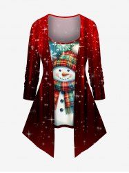 Plus Size Christmas Snowflake Snowman Glitter Stars Print Patchwork Long Sleeves 2 in 1 Women T-shirt -  