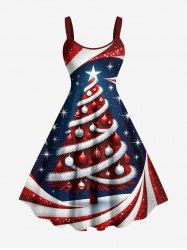 Plus Size Christmas Tree Ball Striped Candy Print A Line Dress -  