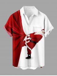 Plus Size Christmas Santa Claus Pulling Print Button Pocket Shirt For Men -  