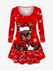 Plus Size Christmas Elk Snowflake Star Print Long Sleeves T-shirt -  