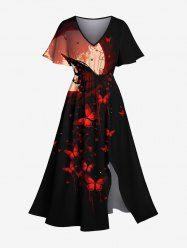 Plus Size Moon Butterfly Print Split Hawaii Midi Dress -  