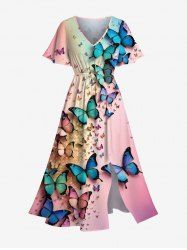 Robe midi hawaïenne fendue à imprimé papillon ombré grande taille - Rose clair XS