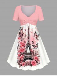 Plus Size Eiffel Tower Butterfly Flowers Print Cinched Hawaii Dress -  