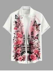 Chemise hawaïenne grande taille pour homme, imprimée Tour Eiffel, papillons et fleurs, boutons et poche. - Blanc M