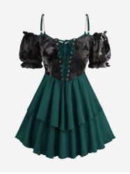 Plus Size Puff Sleeves Floral Mesh Flocking Tie Dye Lace Up Ruffles Layered Chain Cami Top -  