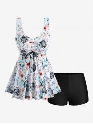 Plus Size Tropical Leaf Hibiscus Flower Print Cinched Boyleg Tankini Swimsuit -  