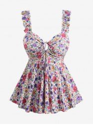 Plus Size Colorful Flower Print Cinched Tankini Swimsuit -  