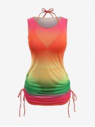 Plus Size Solid Halter Tankini Swimsuit with Ombre Print Cinched Ruched Cover Up Three Piece Set -  