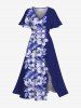 Ensemble de plage hawaïen assorti pour couples, imprimé feuilles tropicales et fleurs d'hibiscus, grandes tailles - Bleu 