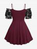 Débardeur à manches bouffantes, en maille fleurie floquée, tie-dye, laçage, volants et chaînes superposées, grande taille - Rouge foncé 4X | US 26-28