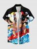 Plus Size Christmas Santa Claus Sun Cloud Sea Waves Print Buttons Pocket Shirt For Men -  